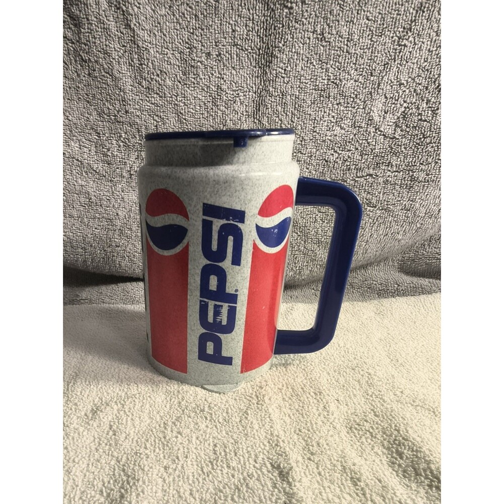 Vtg Pepsi Insulated Travel Mug 32oz Whirley Plastic Cup Blue Lid Granite Gray